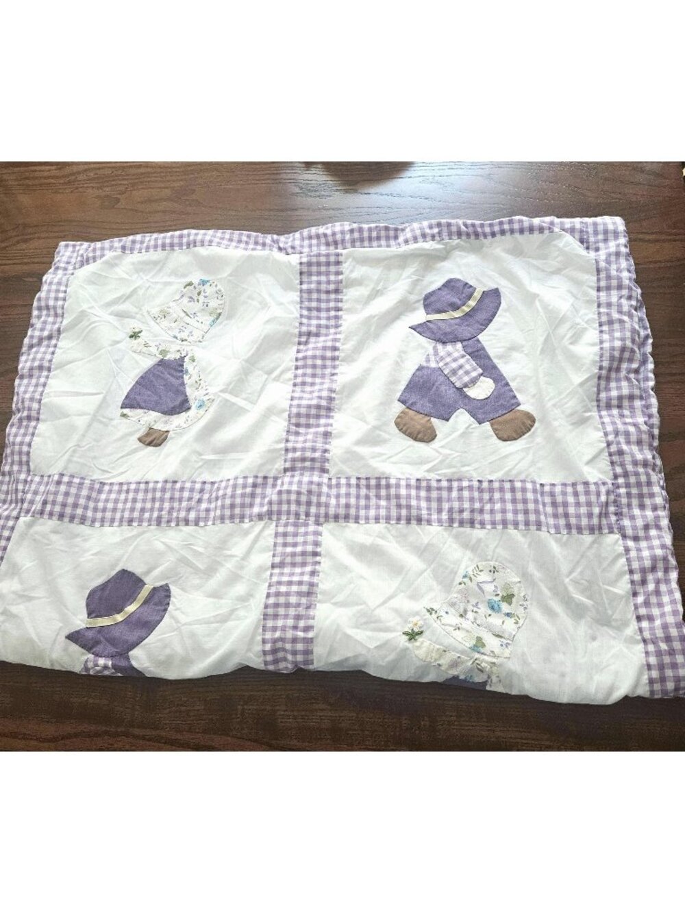 Vintage Handmade Quilted Baby Blanket Purple Checkered Prairie Boy & Girl